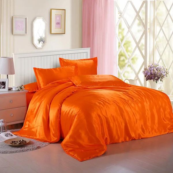 Conjuntos Jeefttby Macio Laranja Amarelo Cetim de Seda 4 Pcs Folha de Cama Cor Sólida Dupla Simulação Cetim de Seda Cama Duveta Capa Fronha