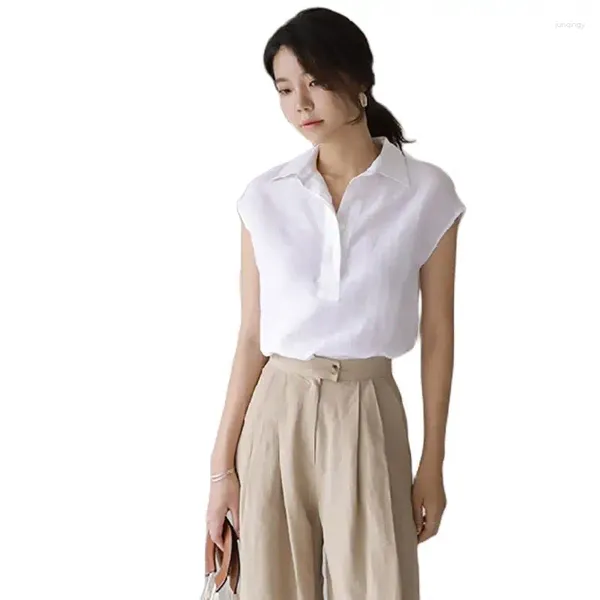 Camicette da donna Camicetta da ufficio da donna a maniche corte 2024 Collo alla rovescia in lino alla moda coreana estiva