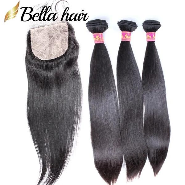 Пучки человеческих волос с шелковой основой, кружевная застежка 4x4, прямые бразильские малазийские перуанские индийские девственные волосы для наращивания утка, 4 шт.