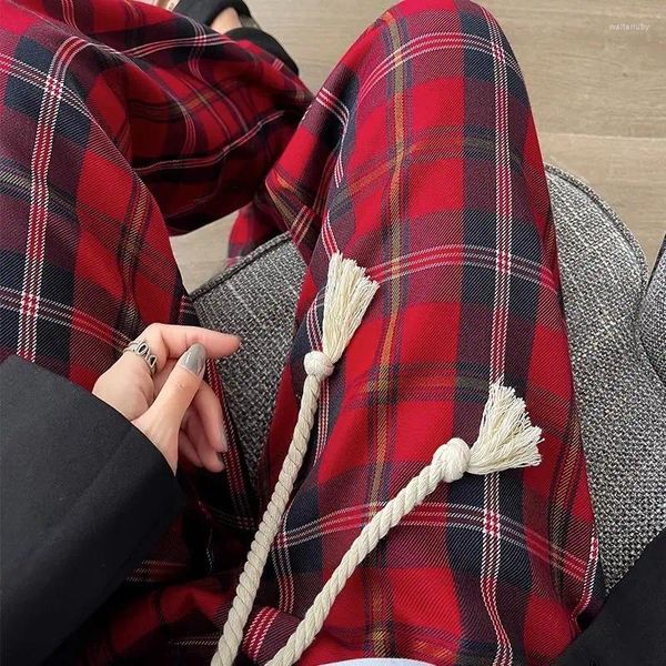 Frauen Hosen Rot Plaid Frühling Und Herbst 2024 Hohe Taille Lose Beiläufige Kordelzug Breite Bein