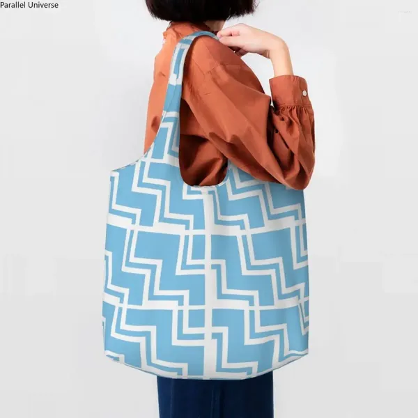 Borse per la spesa Borsa tote a zigzag azzurra stampata kawaii Borsa a tracolla in tela riciclata Borsa a mano geometrica moderna bohémien