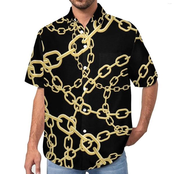 Мужские повседневные рубашки с принтом золотых звеньев цепи, отпускная рубашка, Гавайские модные блузки, мужские графические рубашки больших размеров 3XL 4XL
