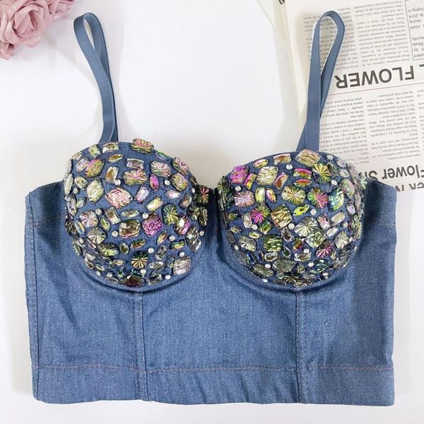 Canotte da donna Performance sul palco Reggiseno con perline Gemme Gilet di jeans per le donne Top corto Strass colorati Canotta Canotte femminili Y3844