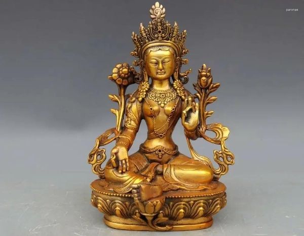 Statuette decorative da 8 pollici Tua Tibet Buddha Tembaga Perunggu Verde TaRa Kwan-Yin Guan Yin Patung Bodhisattva