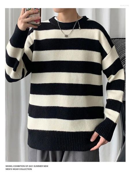 Herrenpullover Gestreifter Gestrickter Anime-Pullover Gleicher Stil Für Männer Und Frauen Lose Harajuku Grün Warmer Herbst-/Winterpullover Unisex