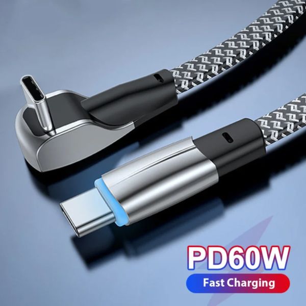 Угловой USB-кабель C-C, 60 Вт, провод для быстрой зарядки, шнур для передачи данных для Samsung Huawei Type-C, плетеный кабель для быстрой зарядки для игрового шнура, 1,2/2 м