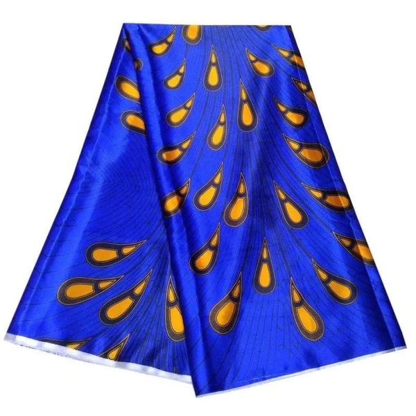 Stoff 5 Yards/Stück Wunderschöner blauer Chiffon-Seidenstoff mit gelbem Federmuster, afrikanische glatte Rayon-Spitze für Kleid LBS35