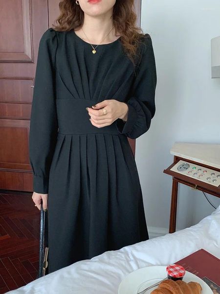 Vestidos casuais outono midi para mulheres 2024 reunidos elegante vestido vintage em torno do pescoço manga longa uma linha com cinto