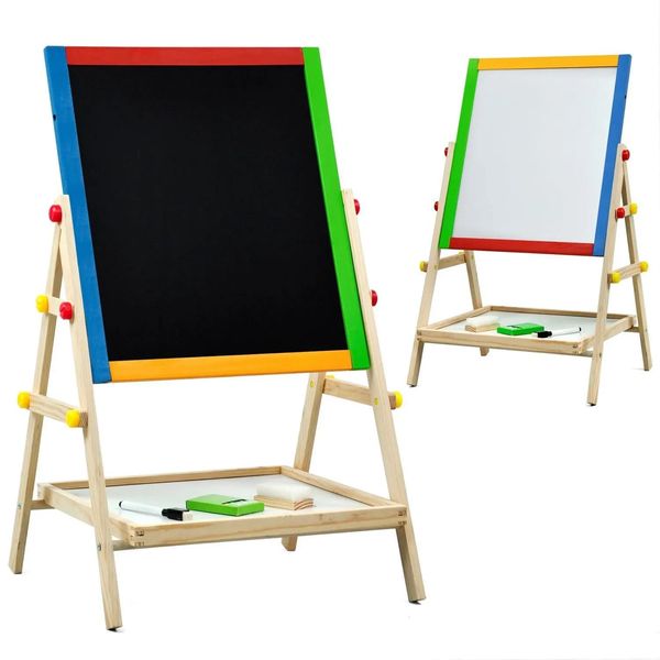 Cavalete de madeira 2 em 1 para crianças, desenho de madeira, cavalete de dupla face, quadro de giz preto/quadro branco para facilitar a secagem, pequeno
