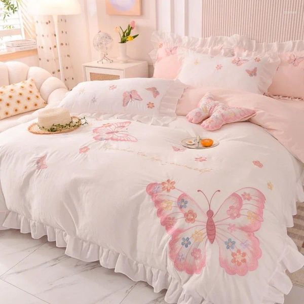 Комплекты постельного белья, комплект принцессы с розовой бабочкой и оборками, 400TC, стираный хлопок, пододеяльник, одеяло, постельное белье, наволочки
