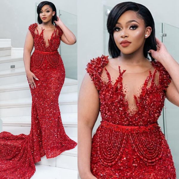 Abiti da ballo Aso Ebi taglie forti per occasioni speciali Sirena collo trasparente rosso con paillettes Abito formale senza schienale in pizzo Abiti da sera per ragazza nera africana NL265