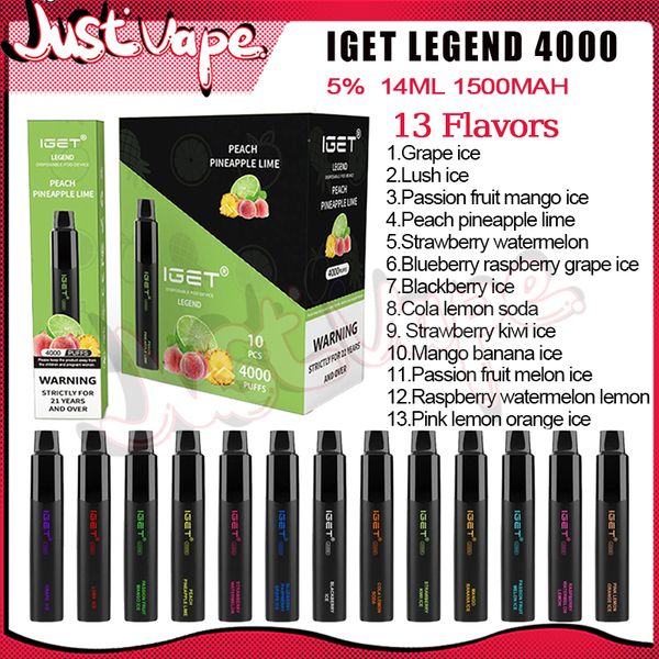 IGET Legend 4000 Puffs E-Zigaretten Einweg-Vapes Pod-Gerät 1000-mAh-Akku 5 % 14-ml-Kartuschen-Starterkit Kleiner Versand vor Ort in Australien