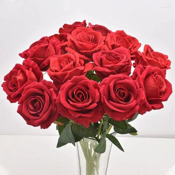 Flores decorativas 20 pcs rosas artificiais rosa flor ramo vermelho toque real falso para decoração de casa de casamento