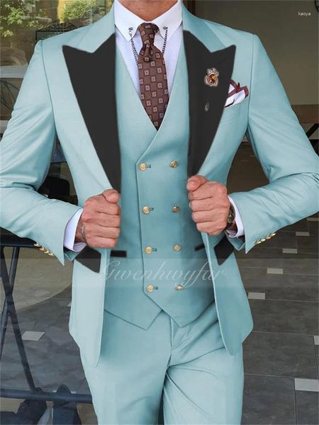 Ternos masculinos gwenhwyfar luz azul noivo smoking terno 3 peças fino ajuste homem festa de casamento feito sob medida blazer homme