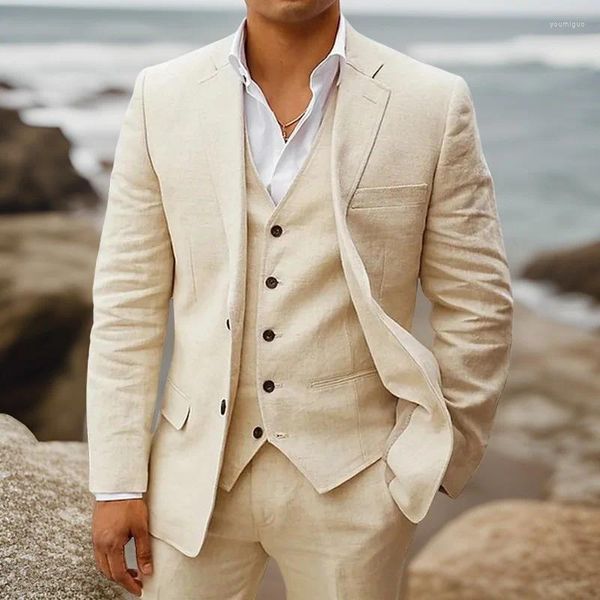 Ternos masculinos de linho casamento smoking para o noivo verão homens smoking 3 pçs casual praia personalizado jaqueta colete com calças moda americana 2024