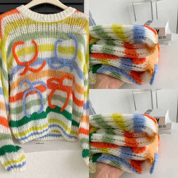 Damenpullover Designer-Damenmode-Pullover Der gleiche amerikanische Mohair-Regenbogenpullover für Damen, lockerer, lässiger Pullover mit Laternenärmeln, dünner, gestreifter Strickwaren z6