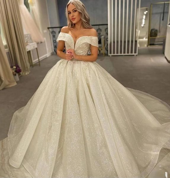 Splendido abito da sposa 2024 con spalle scoperte Scollo a V Lace Up Paillettes Corte dei treni Donna Abiti da sposa Vestido De Novias Robe De Mariage