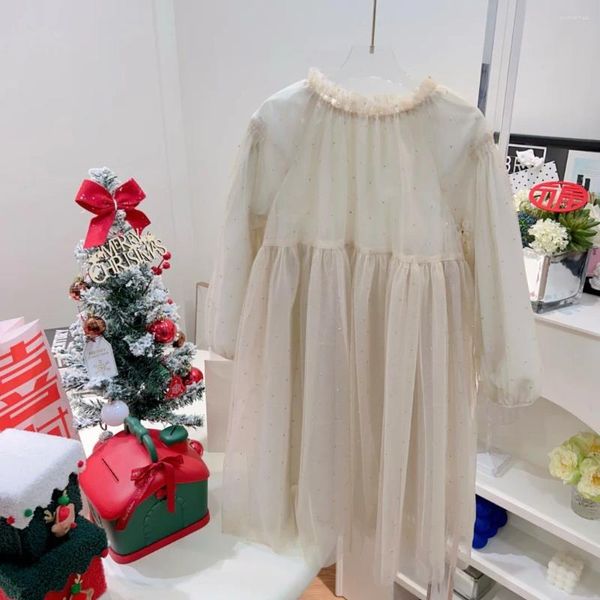 Платья для девочек RH1478, 2024, новейший стиль, брендовая детская одежда, весенне-осеннее сетчатое платье цвета шампанского с длинными рукавами, принцесса