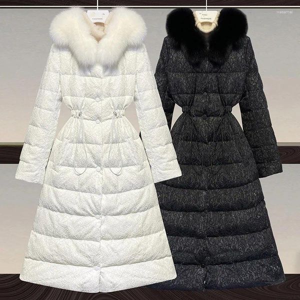 Frauen Trenchcoats Pelzkragen Mit Kapuze Frauen Daunenjacken 2024 Winter Mode Spitze Häkeln Taille Kordelzug Lange Weibliche Oberbekleidung