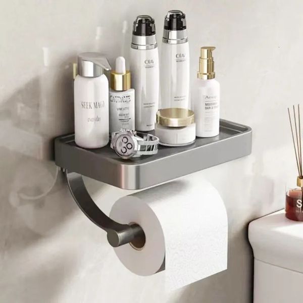 Nagelfreier grauer Toilettenpapierhalter aus Aluminium zur Wandmontage, Badezimmerzubehör, WC-Dekor, Aufbewahrungsregal 240102