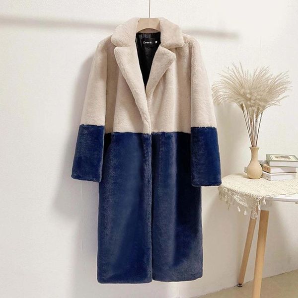 Damenjacken Nerzfleece gespleißter Farbblockmantel Damen Winter verdicken warmes Revers Faux Fuzzy bequeme Jacke mittellanger Mantel