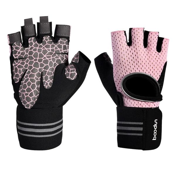 Handschuhe BOODUN Damen-Gymnastikhandschuhe HalfFinger rutschfeste, atmungsaktive Bodybuilding-Fitness-Sporthandschuhe mit langem Handgelenkschlaufenschutz Q010