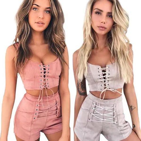 Calças 2018 verão conjunto de duas peças feminino agasalho sexy conjunto topo de colheita sexy bandagem outfits regatas + calças quentes shorts