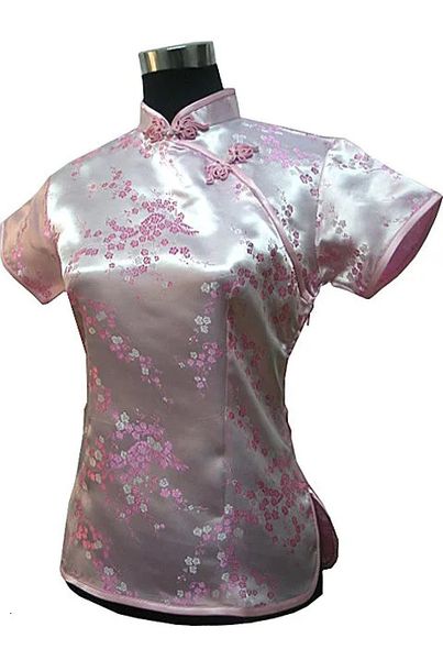 Stilvolle rosa traditionelle chinesische Seidensatinbluse Damen Sommer Vintage Shirt Tops Blumenkleidung S M L XL XXL WS012 240102