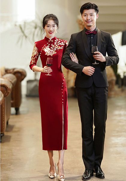 Trational chinês longo split side vestidos de casamento para noiva gola mandarim bordado vestido de casamento vestidos de novia designer vestidos de noiva cerimônia de chá