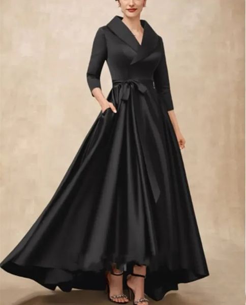 Простые черные высокие низкие платья для матери невесты с карманами и V-образным вырезом с длинными рукавами 3/4 и атласными вечерними платьями Элегантное свадебное платье для женщин 2024