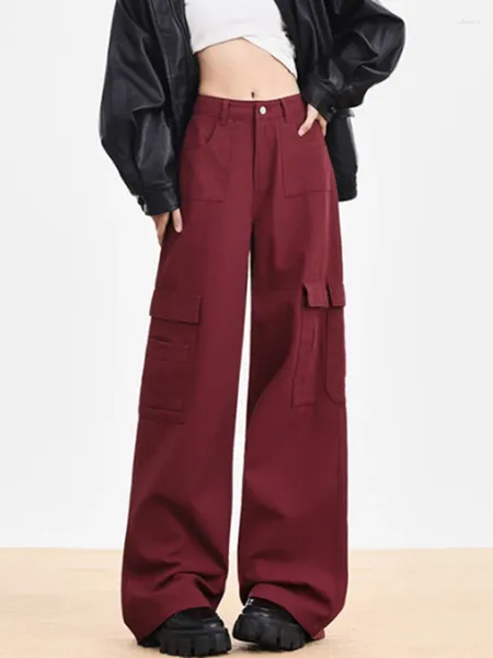 Jeans da donna Pantaloni cargo rossi da donna in denim Y2k più di una tasca Streetwear a vita alta a tutta lunghezza Comodo mop alla moda