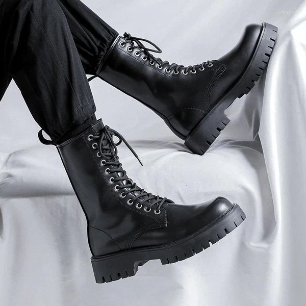 Botas masculinas moda alta superior motocicleta rendas preto branco sapatos cowboy plataforma de couro original bota bonito longo cavaleiro botas