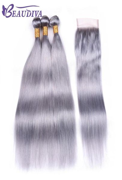 Beau Diva Silber Grau Bundles Mit Verschluss Remy Peruanisches Glattes Haar Mit Verschluss Menschliches Haar Bundles Mit Spitze Verschluss 444855872