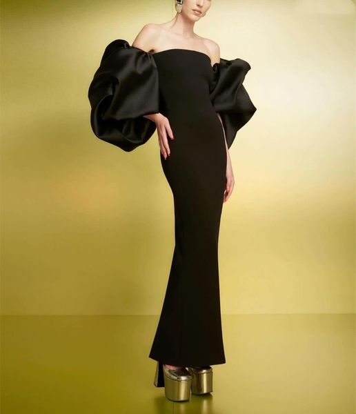Elegante kurze schwarze Krepp Abendkleider mit Schlitz-/abnehmbaren Ärmeln Scheide trägerloser satin plissierter Knöchellänge Prom -Kleider Partykleider für Frauen