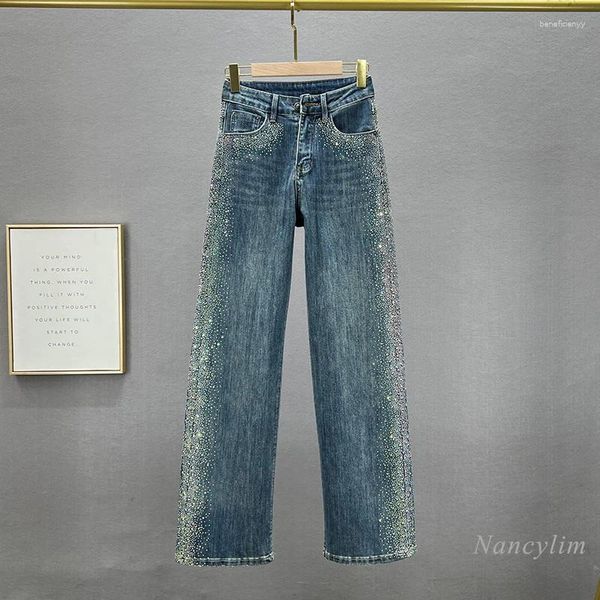 Jeans da donna Moda europea a gamba larga 2024 Primavera Vita alta Pantaloni larghi e dimagranti con strass per perforazione Mop