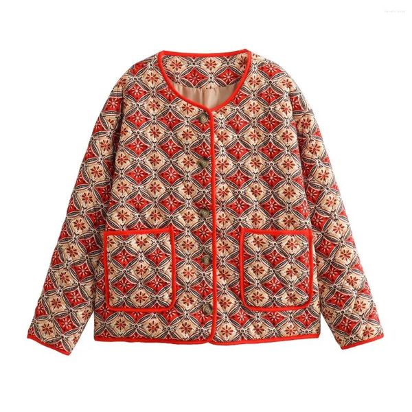 Kadın Trençkotları Kırmızı Vintage Baskılı Puffer Ceket Hırka Kadın Moda Şık Sıcak Yastıklı Ceket Kadın Giyim 2024 Sonbahar Kış