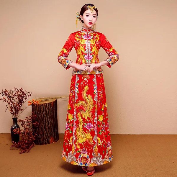 Roupas novo vermelho tradicional chinês vestido de casamento qipao traje nacional das mulheres no exterior estilo chinês noiva bordado cheongsam sxxl