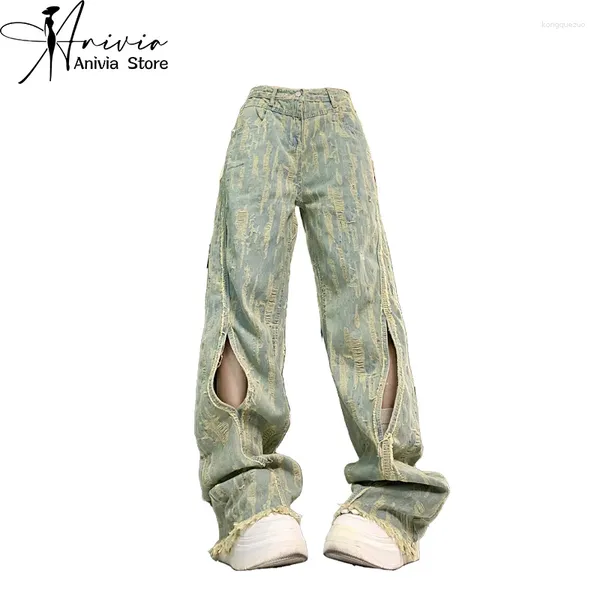 Jeans femininos harajuku streetwear retro azul design moda feminina cintura alta solta perna larga reta buraco flash calças y2k calças baggy