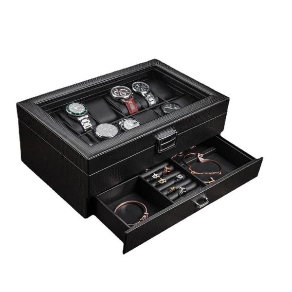 Ringe Kohlefaser Uhrenbox Leder Schmuck Aufbewahrungsboxen Ring Armband Schwarz Uhrenbox Case Organizer Display Kissen Geschenkideen