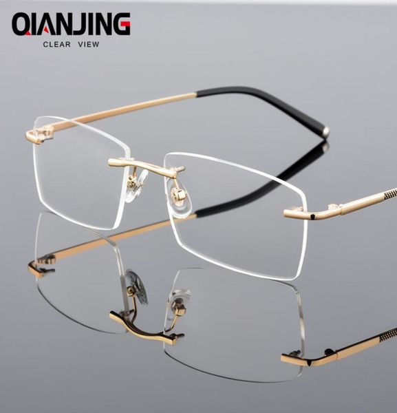 QianJing Alloy Rimless Optical Eyeglasses Rimless Spectacle Frame Men Gents Frameless Clear Glasses Gold Prescription Eyewear2564147