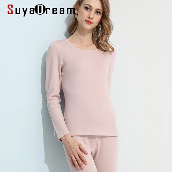 SuyaDream Damen-Fleece-Unterhose, warm, lang, 100 % natürliche Seide, gebürstet, solide Winter-Thermo-Unterwäsche in Rosa und Nude, 240103