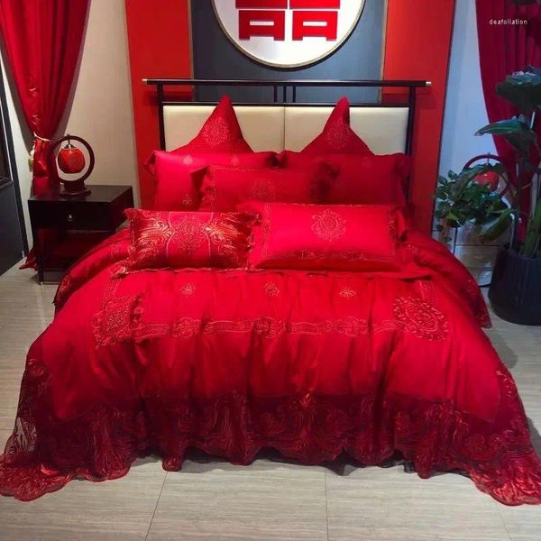 Set di biancheria da letto 1000TC Cotone Egiziano Matrimonio Rosso 4/7 Pz Set Lusso Ricamo Bordo In Pizzo Copripiumino Lenzuolo Federe