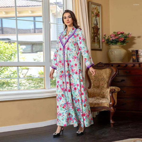 Ethnische Kleidung Dubai Türkische Mode Blumen Frühling Abayas Saudi Marokkanische Frauen Kaftan Langarm V-Ausschnitt Elegantes afrikanisches Kleid 2024