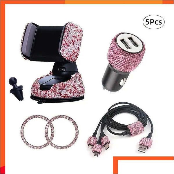 Outros acessórios interiores Novo 5pcs acessórios femininos conjunto Bling Diamond Car Phone Holder Carregador 3-em-1 Carregando 1Pair One-Key Start S Dh1Pg