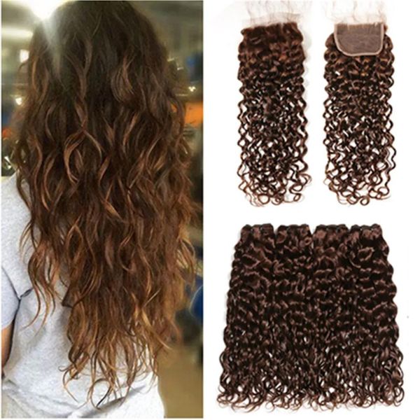 Trame n. 4 Capelli umani malesi castano scuro bagnati e ondulati 4 pacchi con chiusura Trame di capelli umani color cioccolato con pizzo frontale 4x4 C