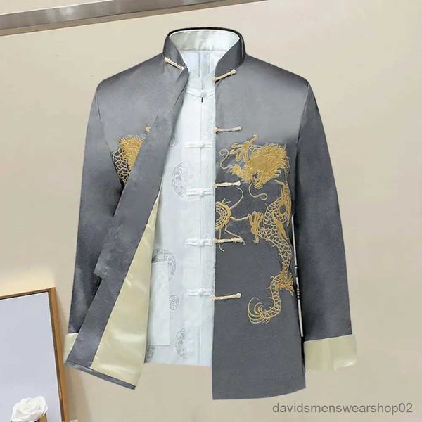 Camisas casuais masculinas chinês tang terno jaqueta estilo retro jaqueta dragão bordado estilo chinês camisa de cetim vintage gola masculina topo para o outono