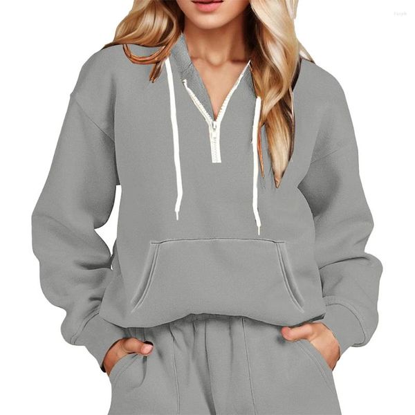 Hoodies femininos outono velo zip v pescoço casual cor sólida jumper quente bolso topos pulôver camisa com capuz roupas femininas