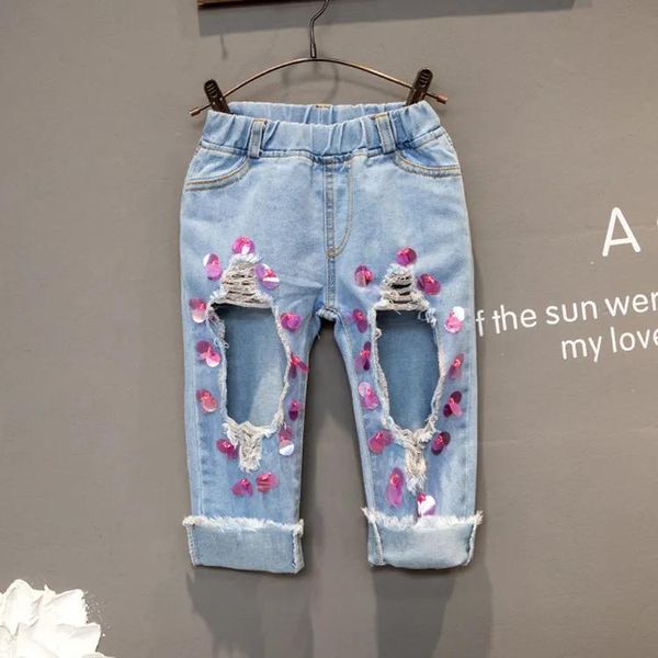 Jeans Günstige Mode Sommer Pailletten Denim Kinder Jeans großes Loch Mädchen Jeans neue Verkauf Jeans Kinder Hosen Hosen Mädchen Kleidung Kinder Kleidung