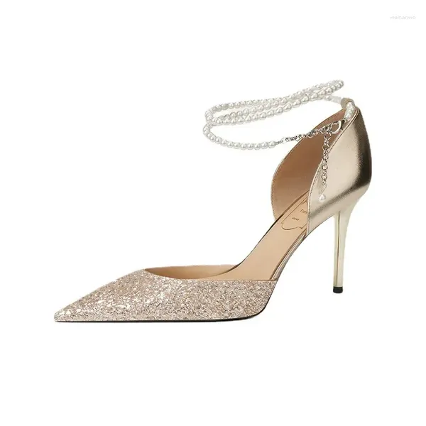 Kleidschuhe Größe 34-39 Braut Hochzeit 2024 Perlen Kette Pailletten Kristall High Heels Stiletto Gold