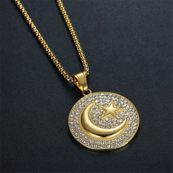 Collana con ciondolo a forma di mezzaluna e stella musulmana ghiacciata hip-hop per uomo e donna, gioielli islamici in oro giallo 14k